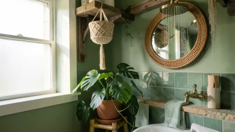 łazienka boho zielona